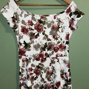 Snap off the shoulder maroon and white floral mini dress